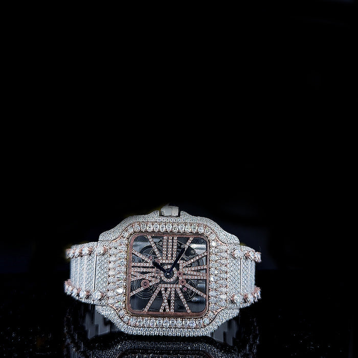 Reloj Santos Skeleton Full Diamond Moissanita Dos Tonos 41MM