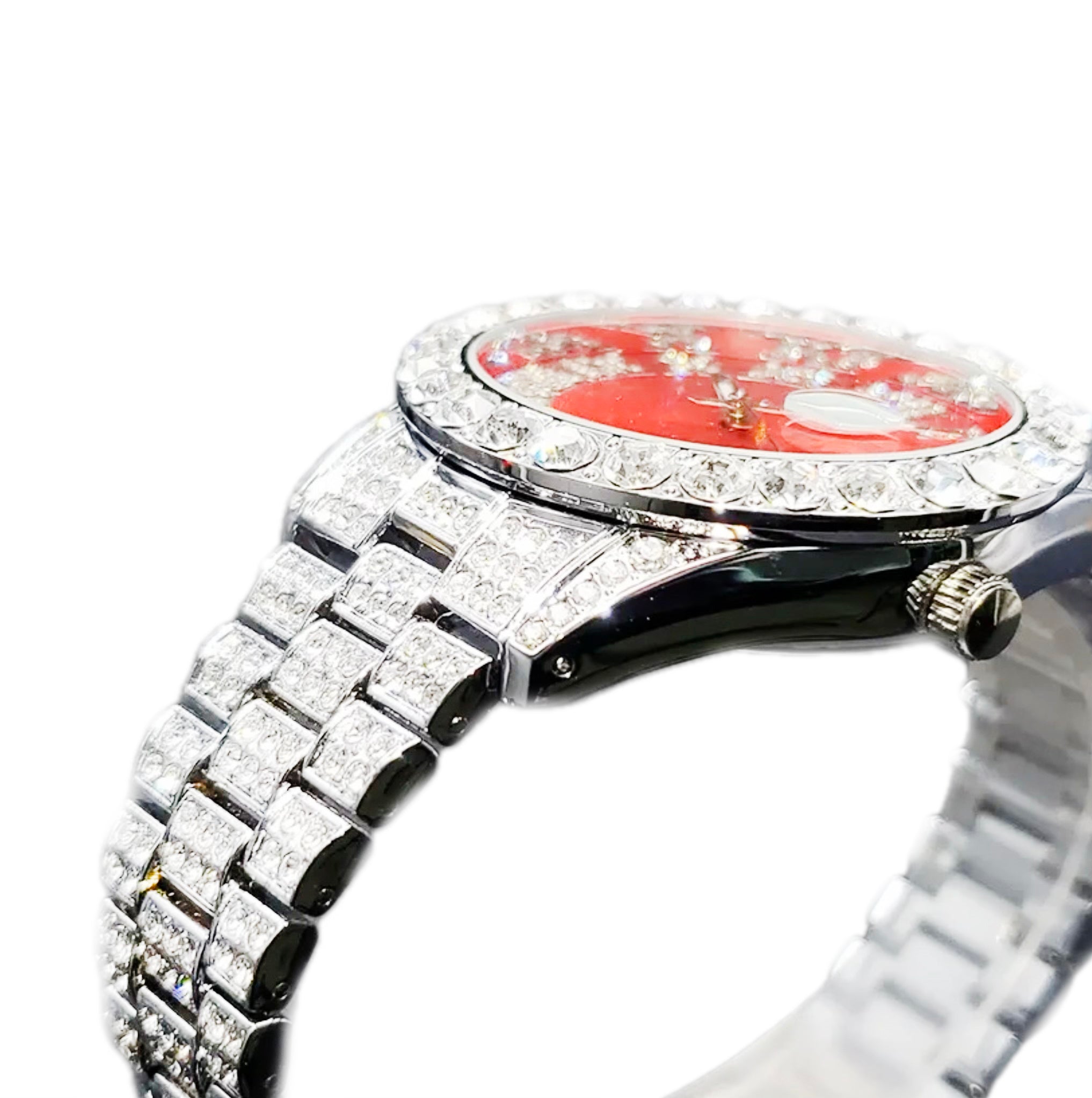 Reloj Presidencial Roman Diamantado - Plata & Rojo