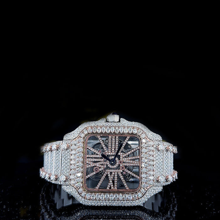 Reloj Santos Skeleton Full Diamond Moissanita Dos Tonos 41MM